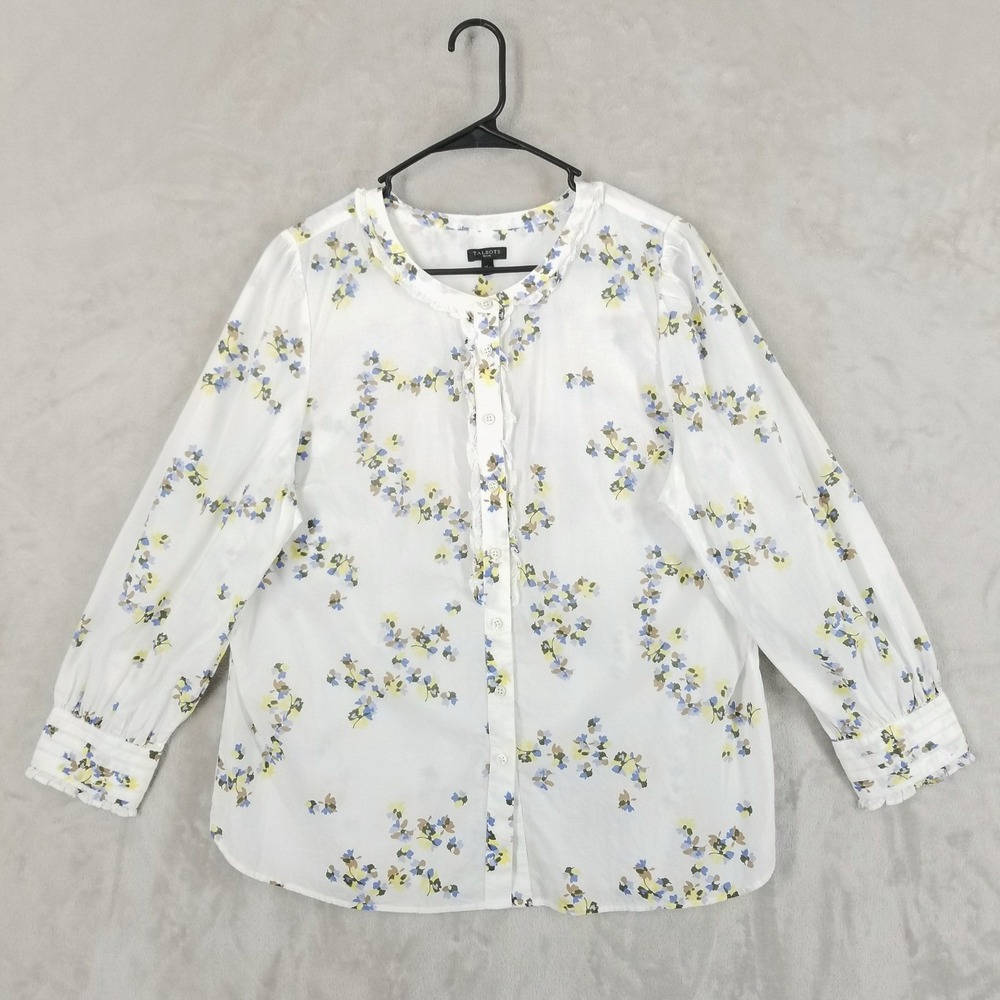 Talbots Blouse Womens XLP White Floral Ruffle Trim Long Sleeve Button Up Shirt
